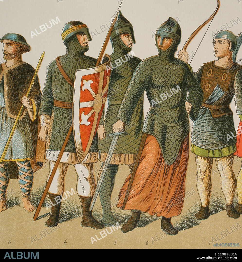 Normandos, 1000-1100. De izquierda a derecha, 3: peregrino, 4-5-6-7: guerreros. Cromolitografía. "Historia Universal", por César Cantú. Tomo V, 1884.