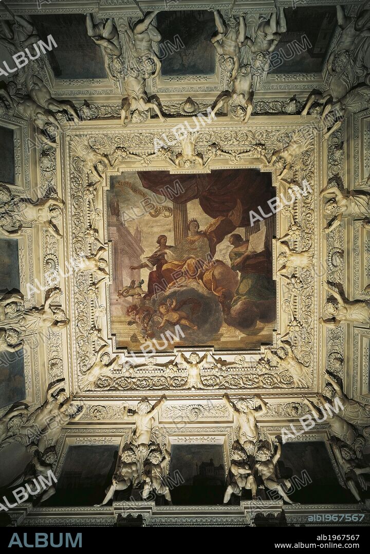 Stuccoes by Giovanni Andrea Casella and Giovanni Recchi with the  fresco Gloria Magnificentiae Regni on the ceiling, Hall of Magnificence, Valentino Castle, Savoy residence (UNESCO World Heritage List, 1997), Turin. Italy, 16th century.