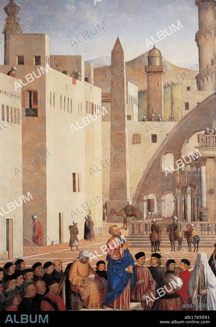 Sermon of St Mark in Alexandria, by Giovanni Bellini, Gentile Bellini, 1504-1507 about, 16th Century, oil on canvas, cm 347 x 770. Italy, Lombardy, Milan, Brera Art Gallery. Detail. Sermon St Mark crowd bystanders onlookers buildings houses obelisk. Authorization required for non editorial use.