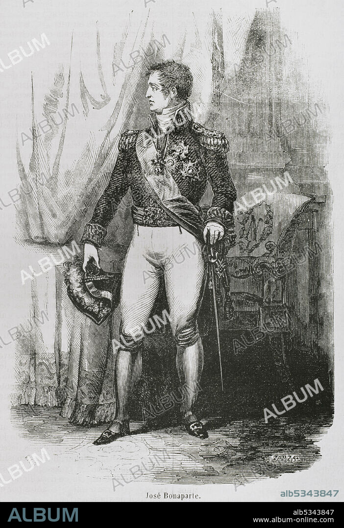 EUSEBIO ZARZA (1842-1881). SPANISH ARTIST. BERNARDO RICO (1825-1894). SPANISH PAINTER AND ENGRAVER.. Joseph I Bonaparte (1768-1844). King of Naples (1806-1808) and king of Spain (1808-1813). Elder brother of Napoleon I, who granted him the Spanish throne, causing the uprising of May 2, 1808. Illustration by Zarza. Engraving by Rico. Historia General de España by Father Mariana. Madrid, 1853.