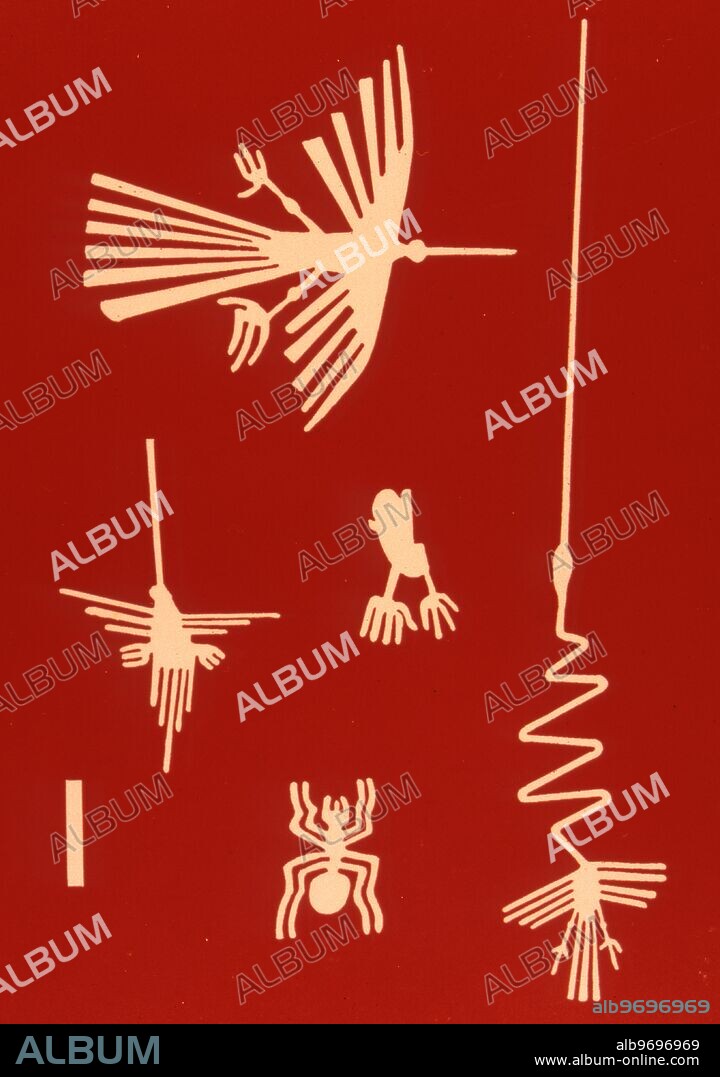 Nazca Lines. Peru.. Representations of birds and animals to scale of 100ft, after the sand drawings of the Nazca culture in the Peruvian desert.