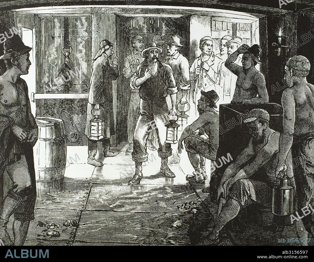 HISTORIA DE LOS ESTADOS UNIDOS. SIGLO XIX. MINEROS EN EL INTERIOR DE LA MINA "CONSOLIDATED VIRGINIA". El principal problema de los trabajadores era el calor en el interior de las galerías de las minas. Por ello era muy importante tener un buen equipamiento para disponer de abundante agua. Grabado del periódico "Frank Leslie's" (1878) .