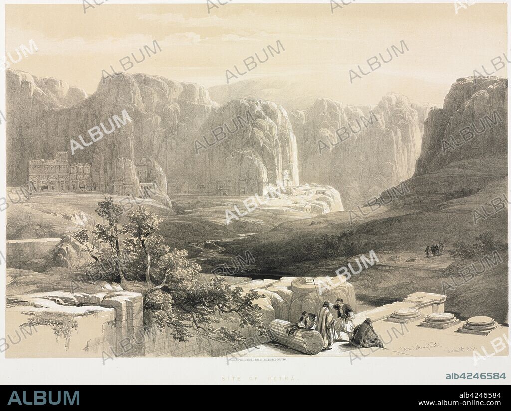 The Holy Land, Syria, Idumea, Arabia, Egypt & Nubia (Vol. III): Petra, Looking South, 1842. Louis Haghe (British, 1806-1885), F.G. Moon, after David Roberts (British, 1796-1864). Lithograph with black and beige tint stone; sheet: 43.1 x 60.9 cm (16 15/16 x 24 in.); image: 36.2 x 51.7 cm (14 1/4 x 20 3/8 in.).