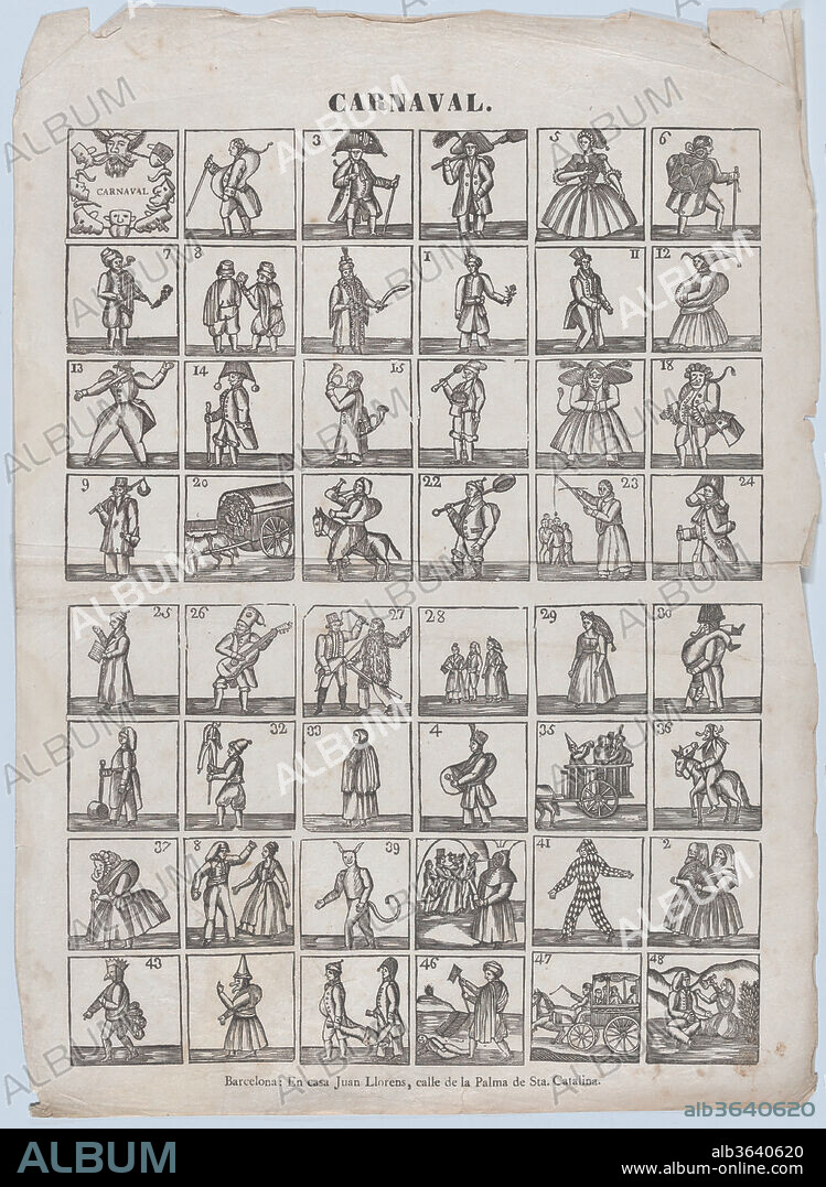 Broadside with 48 figures from carnival. Dimensions: Sheet: 17 1/8 × 12 1/2 in. (43.5 × 31.8 cm). Publisher: Juan Llorens (Spanish, active Barcelona, ca. 1855-70). Date: ca. 1860-70.