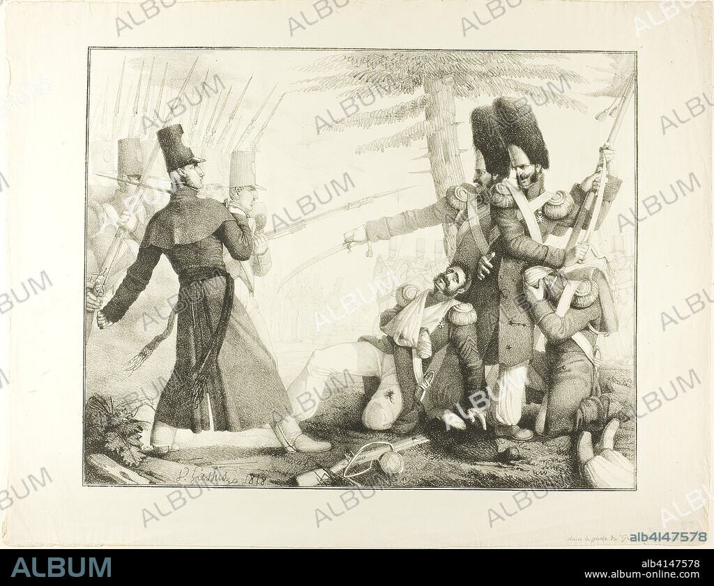 Battle Scene. Attributed to Victor Lassus; French, 1781-1830. Date: 1818. Dimensions: 362 × 453 mm (image); 447 × 576 mm (sheet). Lithograph in black on ivory wove paper. Origin: France.