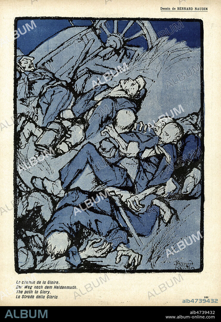 'Le chemin de la Gloire' : soldats morts au combat. Illustration par NAUDIN (1876-1946) pour L'Assiette au Beurre du 15 juin 1907, numero intitule 'Europa'. Credit : Collection KHARBINE-TAPABOR.