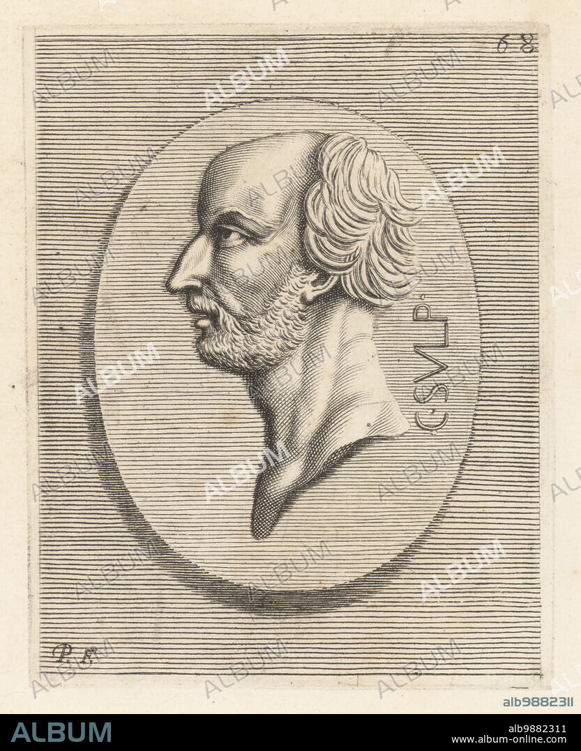 Gaius Sulpicius Gallus, Roman general, statesman, orator and astronomer in the 2nd century BC. From a carnelian gem. Caio Sulpito, Galba. Gaio Sulpicio Gallo. Copperplate engraving by Etienne Picart after Giovanni Angelo Canini from Iconografia, cioe disegni d'imagini de famosissimi monarchi, regi, filososi, poeti ed oratori dell' Antichita, Drawings of images of famous monarchs, kings, philosophers, poets and orators of Antiquity, Ignatio deLazari, Rome, 1699.
