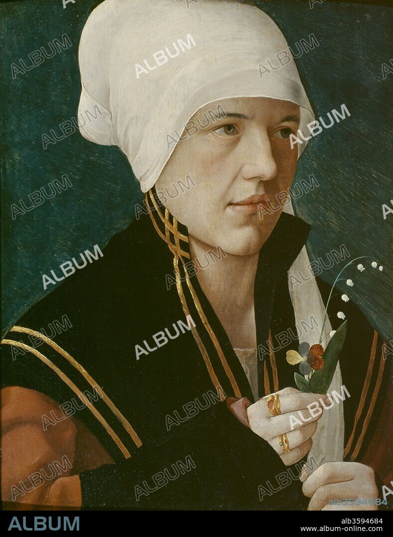 MARX REICHLICH. Portrait of a woman holding a Lily-of-the-Valley and a pansy.