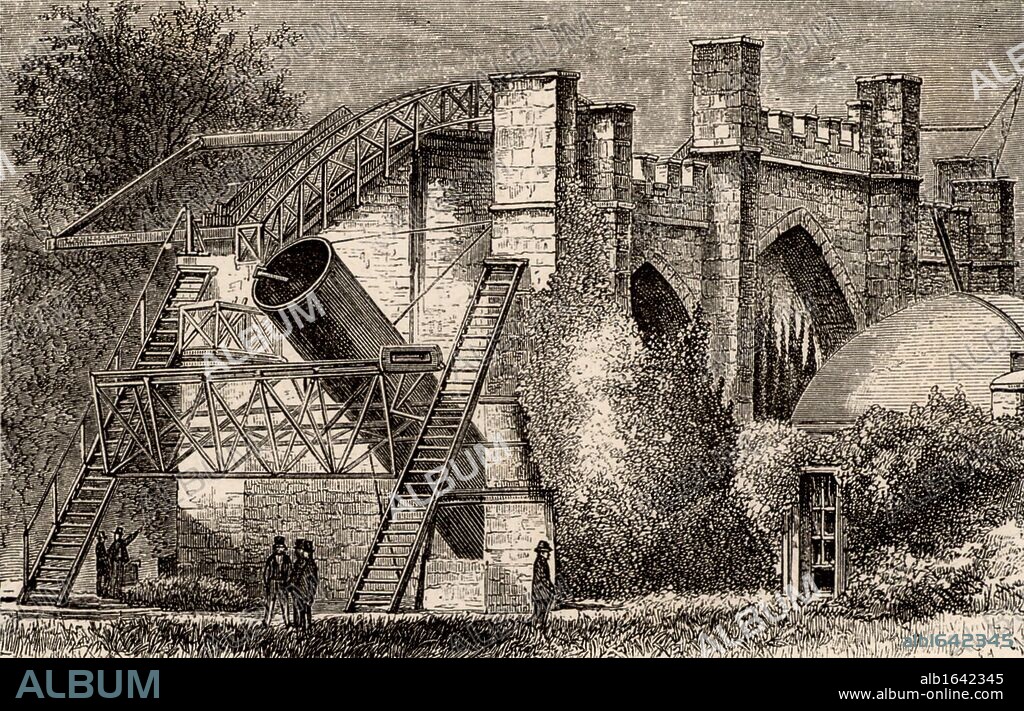 Lord Rosse's great 72-inch (1.828m) diameter reflecting telescope of 1845, called the Leviathan of Parsonstown. Mounted between two brick walls, it could move only in a north-south direction. The Earth's rotation provided movement in an east-west direction. Engraving from "Astronomie Populaire" by Camille Flammarion (Paris, 1881). William Parsons, 3rd Earl of Rosse (1800-1867). (Photo by: Universal History Archive/UIG via Getty Images).