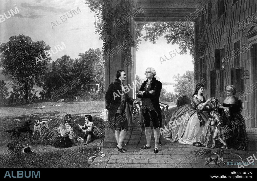Washington and Lafayette at Mount Vernon, 1784. Engraving from painting by Thomas Prichard Rossiter and Louis Remy Mignot. George Washington (1731 or 1732-1799) was the first President of the United States of America, serving from 1789 to 1797, and dominant military and political leader of the United States from 1775 to 1799. He led the American victory over Great Britain in the American Revolutionary War as commander-in-chief of the Continental Army from 1775 to 1783, and presided over the writing of the Constitution in 1787. Washington became the first president by unanimous choice, and oversaw the creation of a strong, well-financed national government that maintained neutrality in the wars raging in Europe, suppressed rebellion and won acceptance among Americans of all types. His leadership style established many forms and rituals of government that have been used since, such as using a cabinet system and delivering an inaugural address. Washington is universally regarded as the "Father of his country".