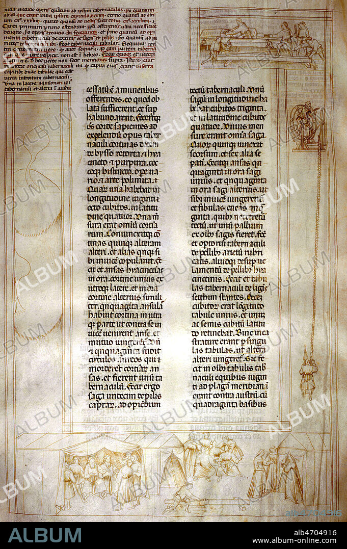 Menuisiers au travail. Enluminure tiree du 'Postilles' de Nicolas de LIRE, Exode 35, 22-36, ouvrage du 14eme s. (XIVe, 14e s.). Manuscrit medieval conserve a la bibliotheque municipale d'Arras. Credit Collection JEAN VIGNE/KHARBINE TAPABOR.