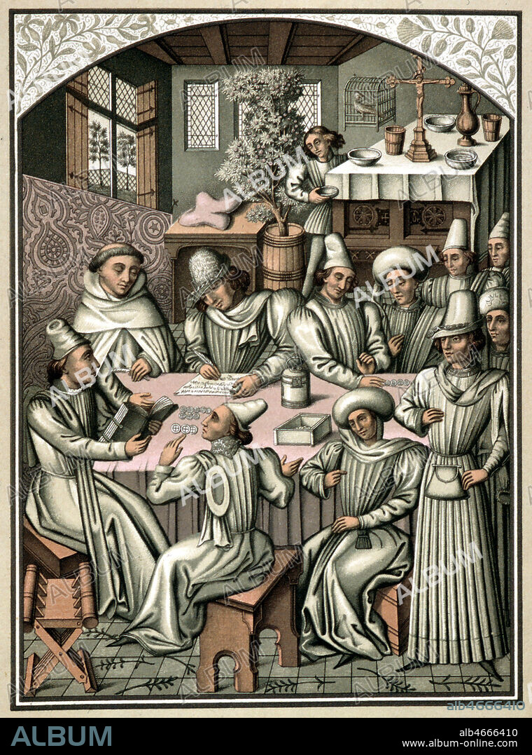'Reglement de comptes de la confrerie de la Charite Dieu et de Notre Dame de Recouvrance de Rouen en 1466', gravure de 1877 in Moeurs et Usages au Moyen Age et a la Renaissance par LACROIX. Credit : Collection KHARBINE-TAPABOR.