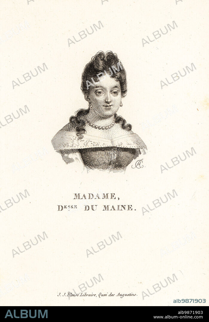 Anne Louise Benedicte de Bourbon, 1676-1753. Daughter of Henri Jules de Bourbon and Anne Henriette of Bavaria. She held a popular salon at the Hotel du Maine. Madame la Duchesse du Maine. Copperplate engraving by AC from Marie de Rabutin-Chantal Sevignes Collection des Vingt Portraits du Siecle de Louis XIV, Collection of 20 Portraits of the century of King Louis XIV, J.J. Blaise, Libraire, Quai des Augustins, Paris, 1818.