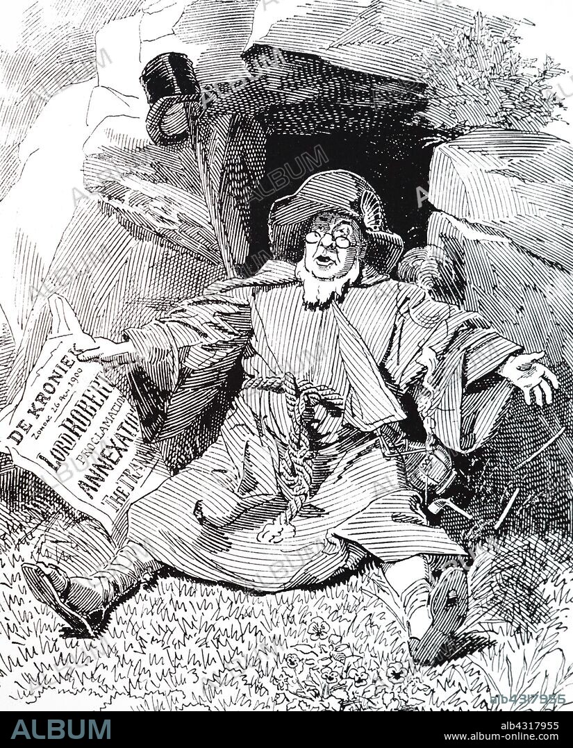A cartoon depicting Paul Kruger (1825-1904) an Afrikaner farmer, soldier and statesman. After the outbreak of the Boer War, Kruger was too old to cope with guerrilla warfare and went to live in Holland until the end of the War. Illustrated by Linley Sambourne.
