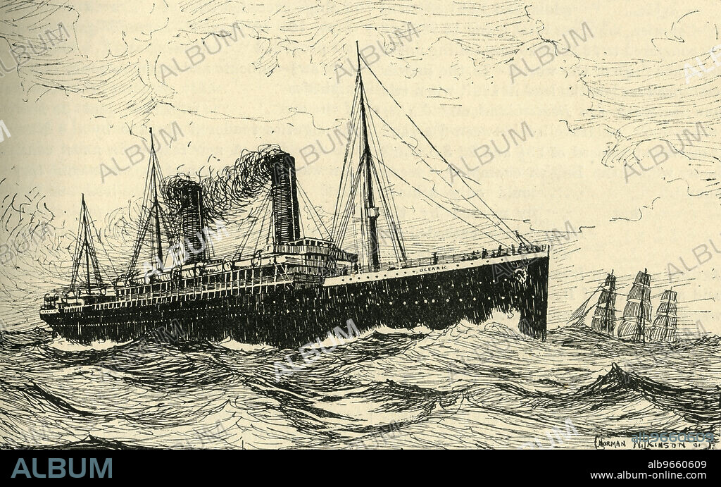 NORMAN WILKINSON. 'The R.M.S. Oceanic', 1901. RMS Oceanic was a transatlantic ocean liner built for the White Star Line. She sailed on her maiden voyage on 6 September 1899 and was the largest ship in the world until 1901. From "Cassell's History of England, Vol. IX". [Cassell and Company, Limited, London, Paris, New York & Melbourne].