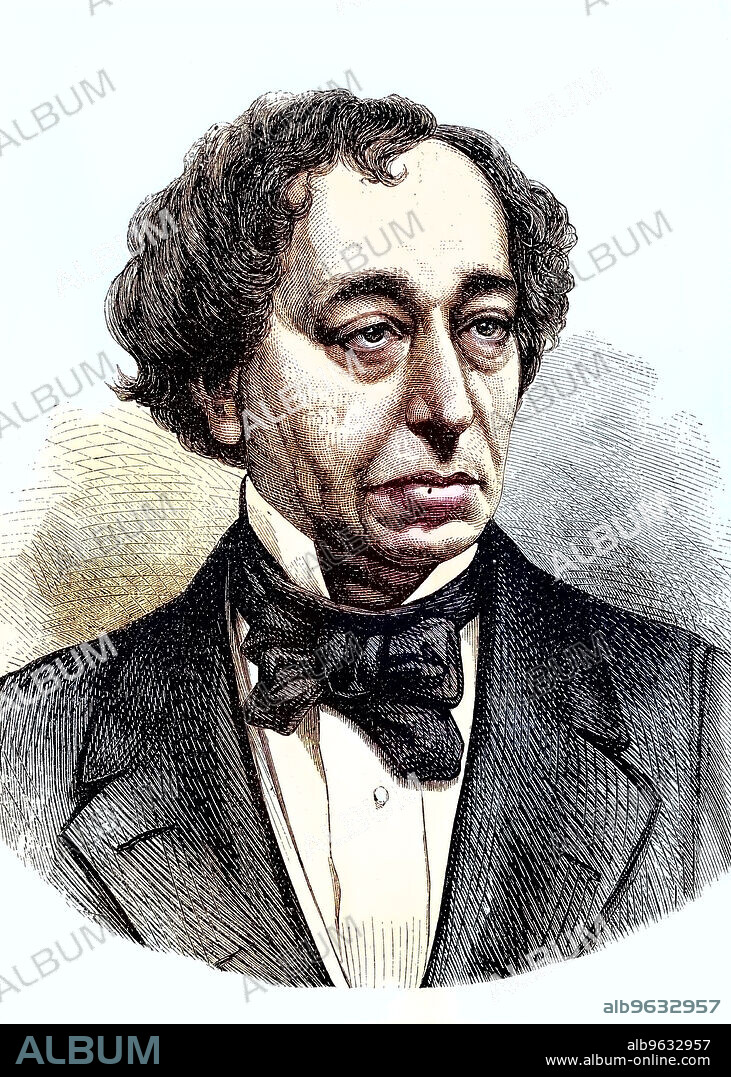 Benjamin Disraeli, 1st Earl of Beaconsfield, December 21, 1804 - April 19, 1881, was a Conservative British statesman and successful novelist. Twice, in 1868 and from 1874 to 1880, he held the office of British prime minister, Historical, digitally restored reproduction of an original artwork from the 19th century, exact original date unknown.