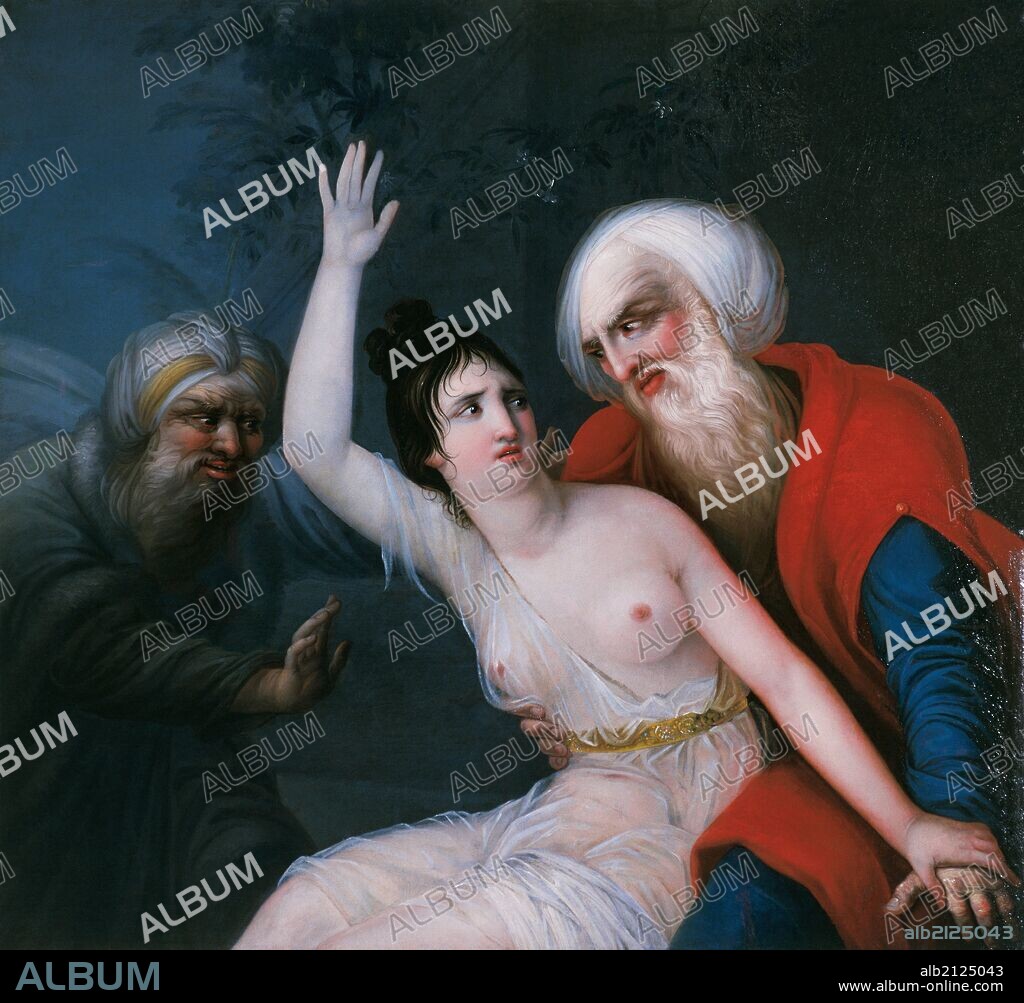 HISTORIA DEL ANTIGUO TESTAMENTO. SUSANA. Hija de Jilquiyá y esposa de Yoaquim. El profeta Daniel la salvó de una falsa acusación de adulterio. "SUSANNA I ELS VELLS" ("SUSANA Y LOS LOS VIEJOS"). Obra realizada por Josep Bernat FLAUGIER (1757-1813), en el siglo XIII. Oleo sobre tela. Tamaño: 112 x 119 cm. Biblioteca-Museo Víctor Balaguer. Vilanova i la Geltrú. (Garraf). Provincia de Barcelona. Cataluña.
