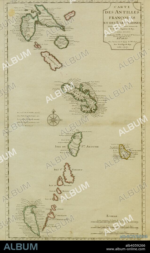 G DE L'ISLE. A map of the French Antilles. CARTE DES ANTILLES FRANÃ‡OISES ET DES ISLES VOISINES. Paris : [Gaillaume de L'Isle] Chez l'Auteur Sur le Quay de Horloge. Avec PrivilÃ©ge du Roy., Juillet 1717. Source: Maps K.Top.123.64. Language: French.