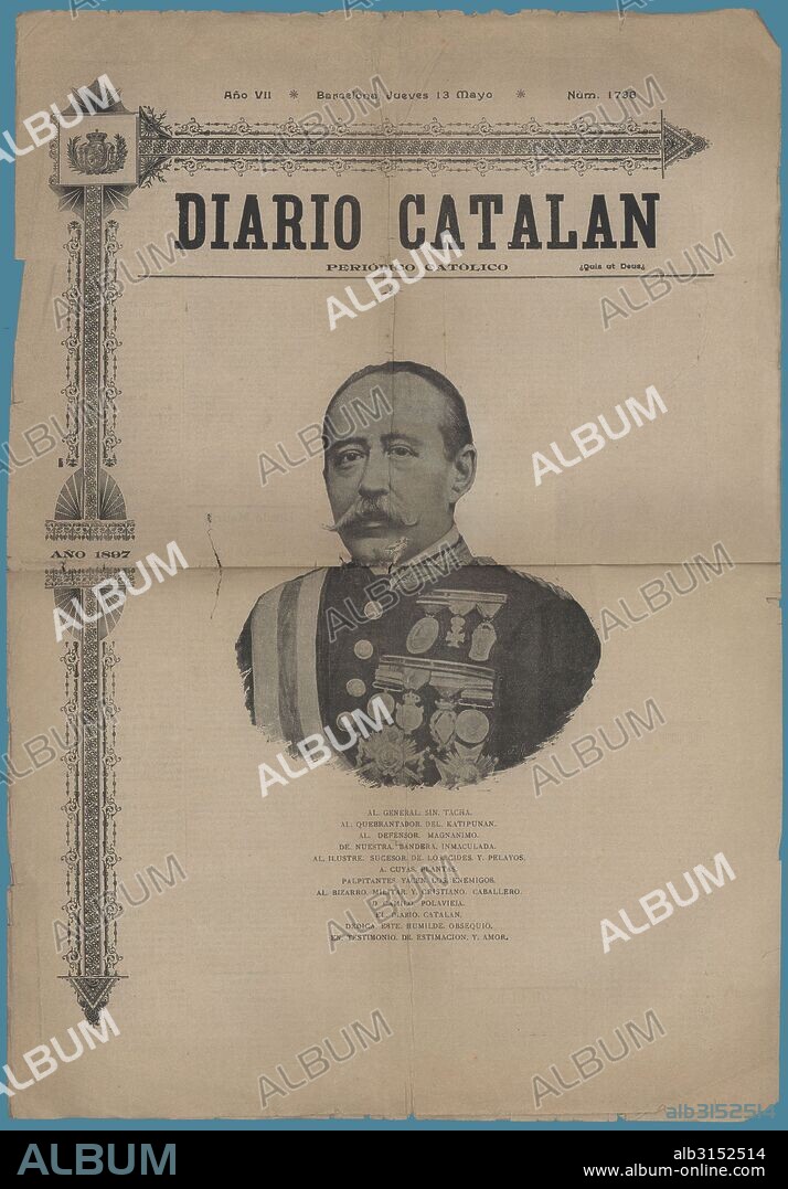 Portada del periódico Diario Catalán, editado en Barcelona, mayo de 1897. Dedicada al general Camilo Polavieja, gobernador de Cuba.