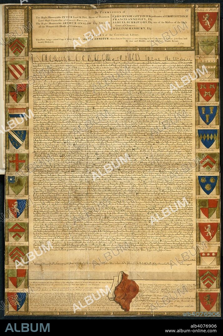 Coloured facsimile copy of the Magna Carta, now catalogued as Cotton Charter XIII.31a, published following the Ashburnham fire of 1731, framed with shields bearing the arms of the barons, and authenticated by the trustees, etc. of the Cottonian Library. Magna Carta Facsimile. England (Printed by J. Pine); 1733. Source: Stowe 1060, f.55. Language: Latin and English.