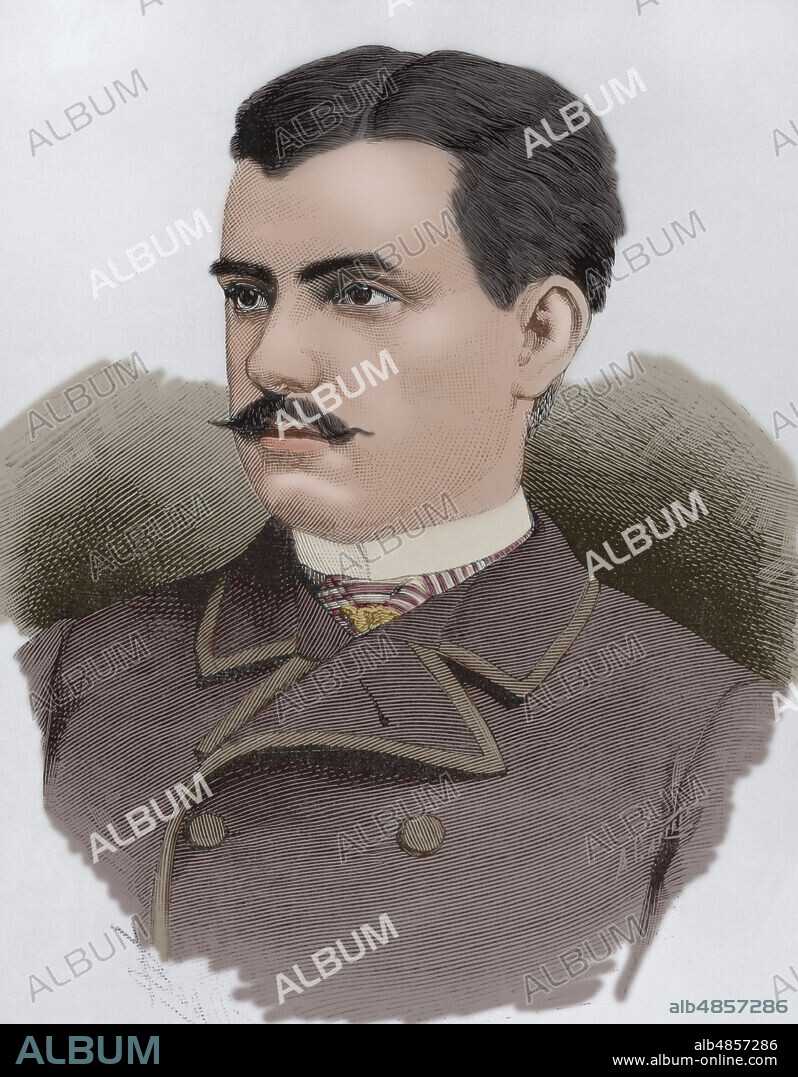 FÉLIX BADILLO (1848-1895). SPANISH ILLUSTRATOR. ARTURO CARRETERO (CA. 1852-1903). SPANISH ENGRAVER.. Napoleón Víctor Bonaparte, 4º Príncipe de Montfort (1862-1926). Pretendiente bonapartista al trono francés desde 1879 hasta su muerte en 1926. Conocido como Napoleón V por sus seguidores. Retrato. Dibujo por Badillo. Grabado por Arturo Carretero (1852-1903). Coloreado. La Ilustración Española y Americana, 1884.