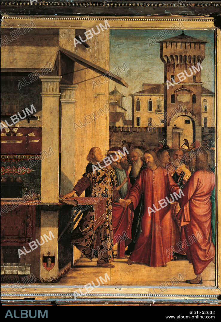 The Calling of Matthew, by Vittore Carpaccio, 1502, 16th Century, oil on canvas, cm 141 x 115. Italy, Veneto, Venice, Scuola di San Giorgio degli Schiavoni. Detail. Matthew city Jesus Christ city gate tower tax man taxes.