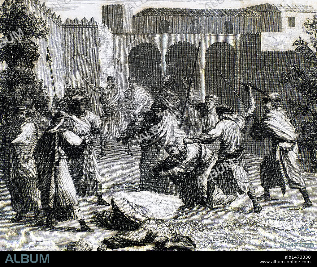 Muerte de dos frailes franciscanos, ejecutados por el rey moro Zayd Abu Zayd, en el convento de San Francisco de Asís de Valencia. S. XIII. Grabado S. XIX.