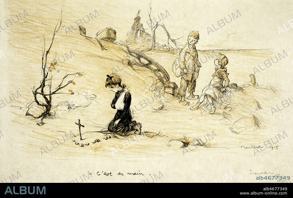 FRANCISQUE POULBOT. 'C'est sa main' (une petite fille la main dans le platre se recueuille face a une minuscule sepulture. Deux enfants observent la scene et commentent) : dessin humoristique realisee en 1915 par POULBOT (1879-1946). Credit : Collection KHARBINE-TAPABOR.
