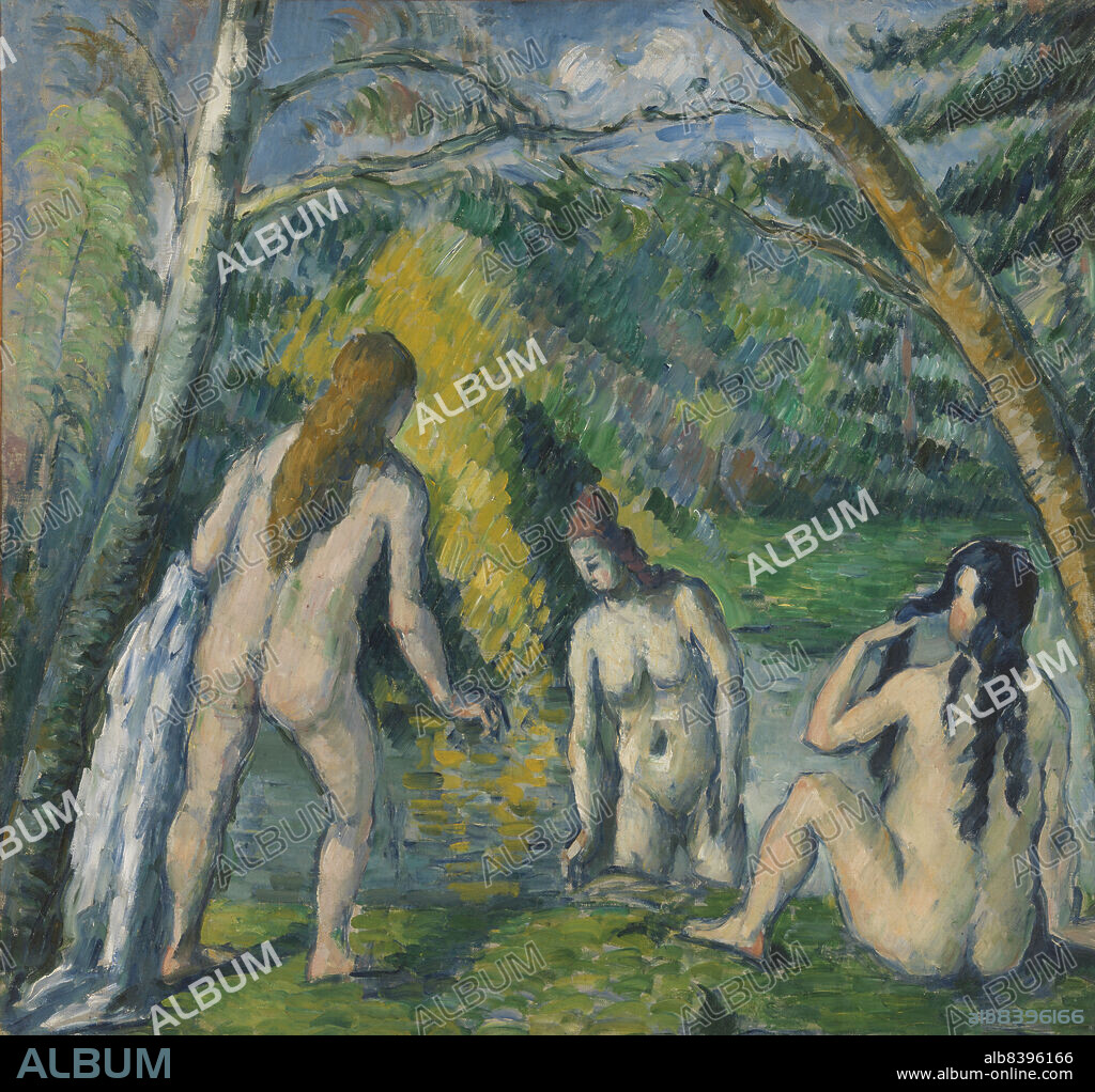PAUL CEZANNE. Trois baigneuses, between 1879 and 1882. Pyramidal composition with three bathers arranged in a wooded area crossed by a large radius of light that is reflected in the water.