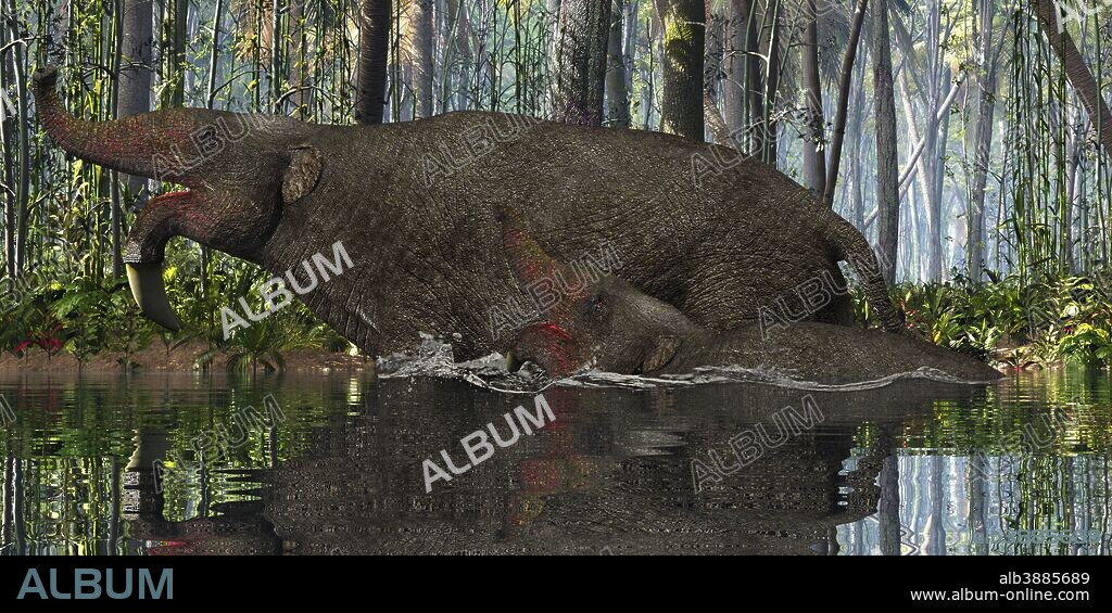 A Deinotherium calf tries to keep up with his mother in a jungle river in the Pleistocene Period.