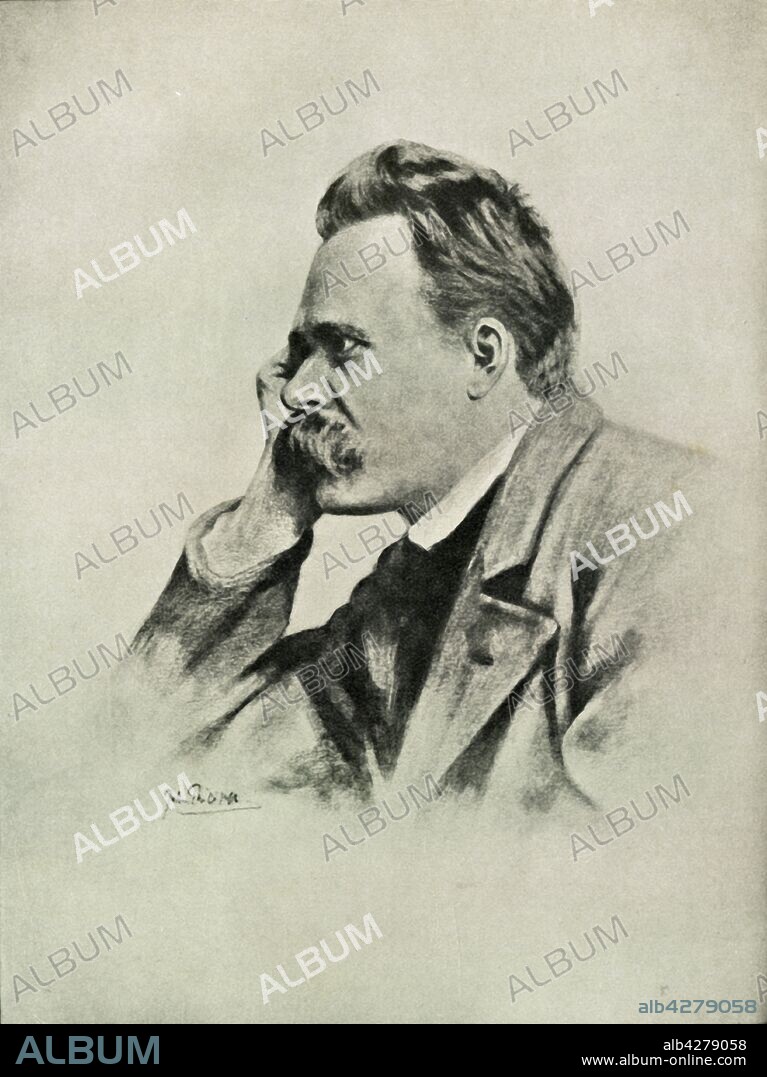 'Nietzsche', (1919). Portrait of Friedrich Wilhelm Nietzsche (1844-1900), German philosopher, cultural critic, poet, philologist, and Latin and Greek scholar whose work has exerted a profound influence on Western philosophy and modern intellectual history. 'Prussian militarism is the modern expression of this ruthless philosophy. He died insane'. From "The History of the Great European War: its causes and effects", Vol. I, by W. Stanley Macbean Knight. [Caxton Pulishing Company, Limited, London, 1919].