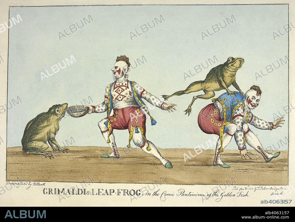 WILLIAM HEATH and JOSEPH GRIMALDI. Grimaldi's leap-frog, in the comic pantomine of the Golden fish'.  Joseph Grimaldi (18 December 1778 â€“ 31 May 1837). An English actor, comedian and dancer, who became the most popular English entertainer of the Regency era. He expanded the role of Clown in the harlequinade that formed part of British pantomimes. He became so dominant on the London comic stage that harlequinade Clowns became known as "Joey", and both the nickname and Grimaldi's whiteface make-up design were, and still are, used by other types of clowns. Memoirs of J. G., edited by â€œBozâ€ [i.e. C. Dickens]. With illustrations by G. Cruikshank. London, 1838. Source: Dex.315.(3) page 6.