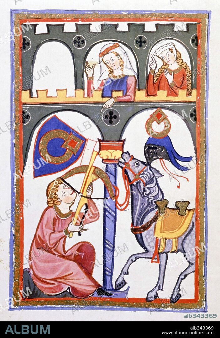Manesse Codex (1305-40) German manuscript.The lover Herr Rubin shoots with crossbow his message.