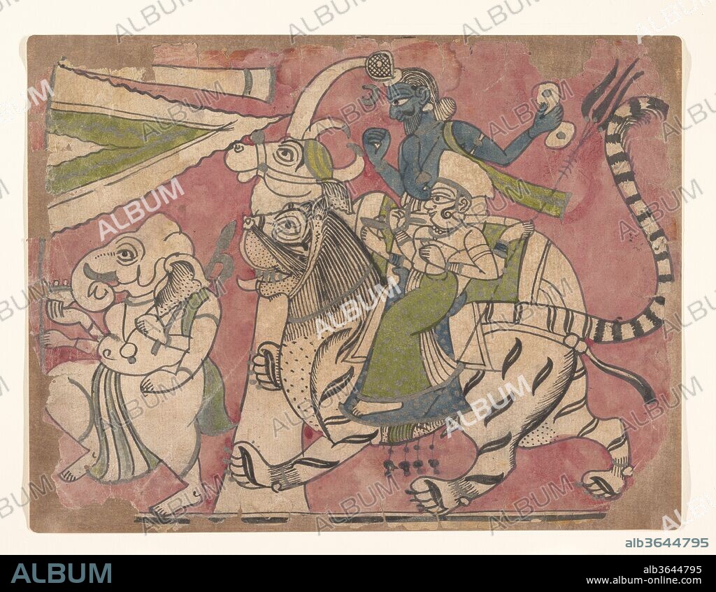 Ganesha Leads Shiva and Durga in Procession. Culture: India (Rajasthan). Dimensions: 9 x 11 7/8 in. (22.9 x 30.2 cm). Date: 18th century.
The elephant-headed god Ganesh holds a goad (ghada) and a bowl of sweets. Shiva, mounted on his bull, Nandi, deflects the Ganges River in an arch from the top of his head, while the goddess Durga, holding a trident in one of her four arms, rides her tiger mount. This colored drawing is probably a fragment of a long scroll.