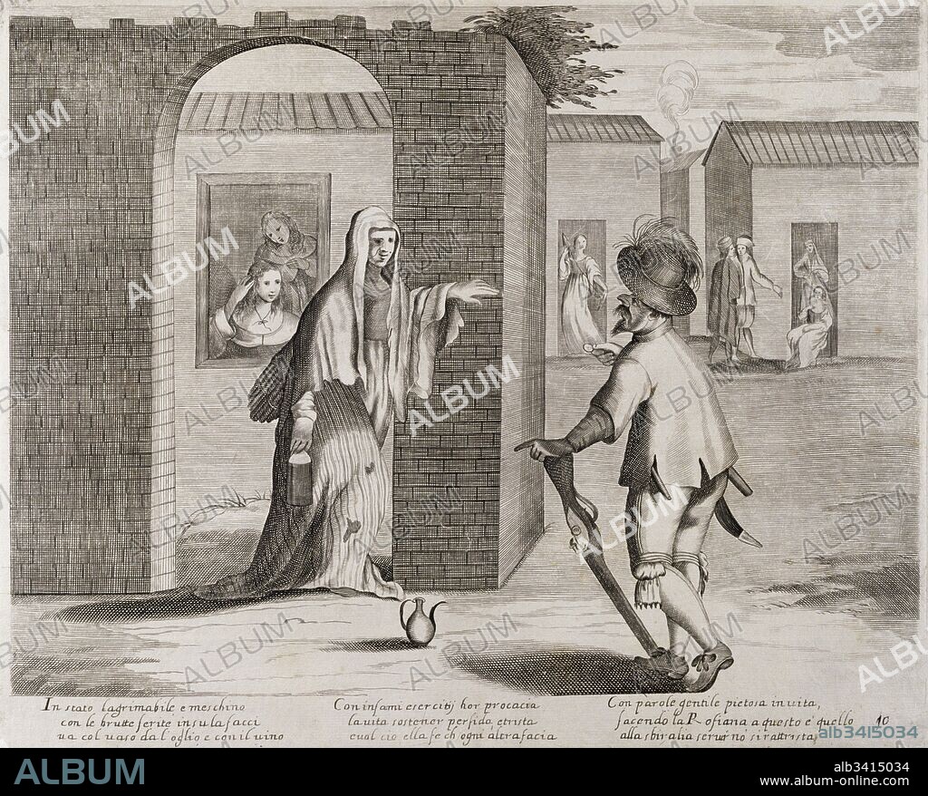 17th century illustration by Joseph Lunghi, from the series 'Life of the Whore' circa 1680.