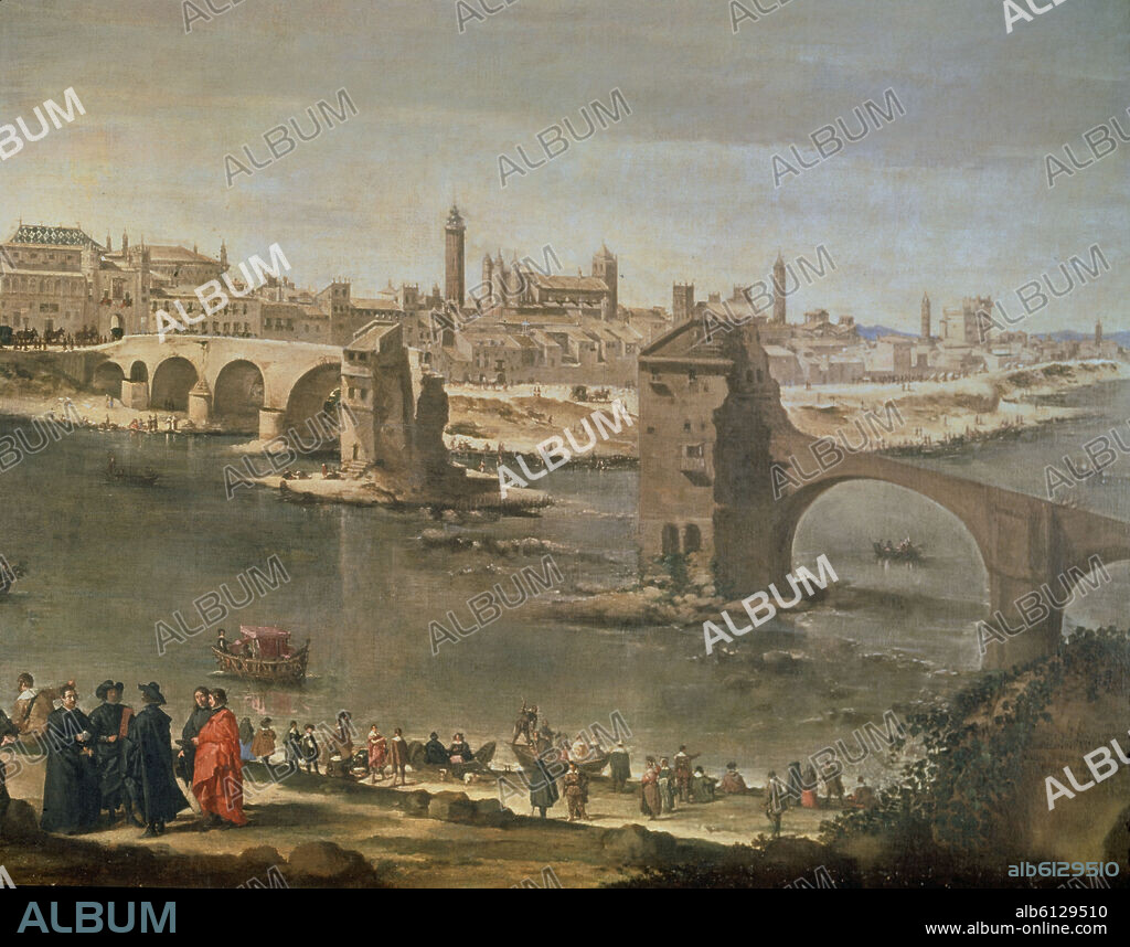 JUAN BAUTISTA MARTINEZ DEL MAZO (1611-1667). View of Saragossa - Detail from the bank with crowd, bridge in ruins and city. Vista de la ciudad de Zaragoza. Madrid, Prado museum.