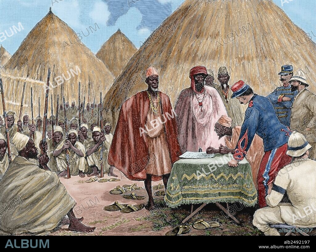 Africa. Signing a treaty between French colonists and the heads of the Kingdom of Tamisso. Engraving, 1892. Colored.