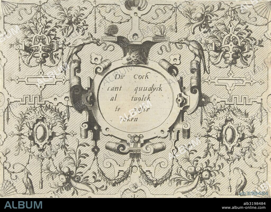 Cartouche surrounded by grotesques, left and right is a bird, Johannes or Lucas van Doetechum, Hans Vredeman de Vries, Hieronymus Cock, c. 1555 - c. 1560.