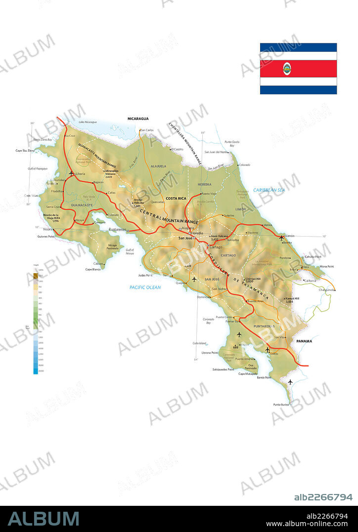 COSTA RICA. Mapa físico-político de Costa Rica.
