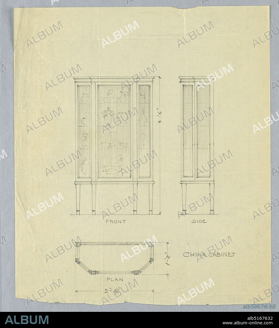 Design for China Cabinet in Three Views, A.N. Davenport Co., Graphite on thin cream paper, Elevation at upper left, side view upper right, plan across bottom of sheet; tall rectangular cabinet with tri-partite glass-front panel, raised on 4 slightly tapering legs. Side view shows rectangular, narrow profile with molded frieze-like top. Plan shows oblong silhouette of cabinet with canted front corners., 190005, furniture, Drawing, Drawing.