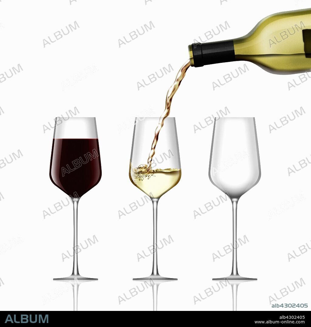 Full glass of red wine next to wine pouring into half full glass of white wine next to empty glass.