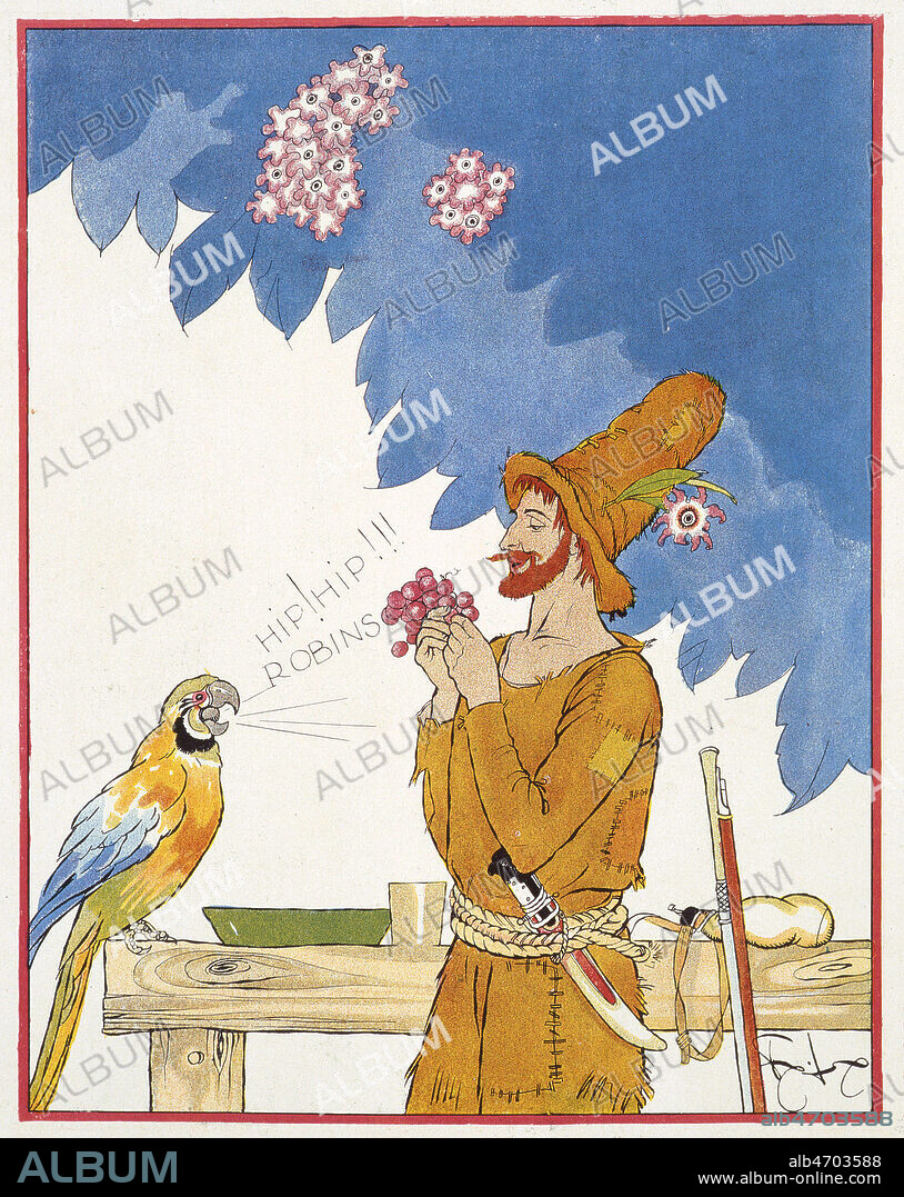 Robinson Crusoe apprend a parler a son perroquet. Illustration de 1930 par Felix LORIOUX (1872-1964) pour Robinson Crusoe de Daniel DEFOE (1660-1731). ADAGP. Credit : Coll. Jonas/KHARBINE-TAPABOR.