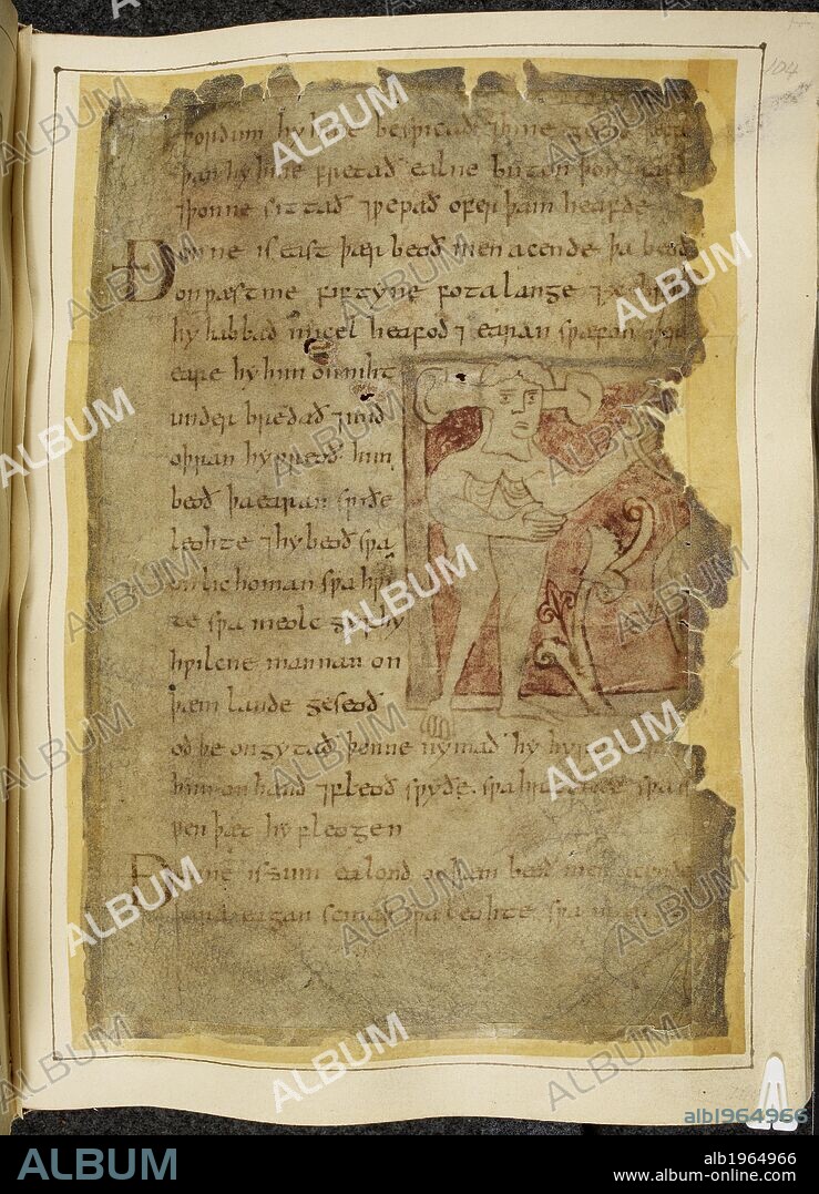Manuscript text and drawing/s. Beowulf. Circa 1000. Source: Cotton Vitellius A. XV f.104. Language: Anglo-Saxon.