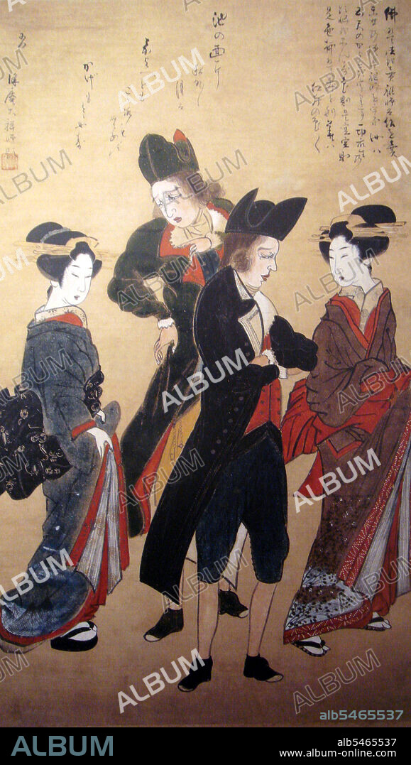 The Dutch traders or merchants depicted in this scene would most probably have been working with the Dutch East India Company (VOC), which had established a monopoly on trade with Japan provided the Europeans maintained their barracks and trading post off the mainland in Dejima. The traders in this picture were presumably on a rare sojourn into Nagasaki where they encountered the charming local geisha ladies. Dejima, or Deshima (literally ‘Exit Island’), is a small artificial island built in the bay of Nagasaki in 1634 during the Edo period. Dejima was built to constrain foreign traders as part of ‘sakoku’, a self-imposed isolationist policy. Originally built to house Portuguese traders, it changed to a Chinese and Dutch trading post from 1641 until 1853 during which time the Dutch mostly bartered for Japanese gold, silver and copper with East Indies’ spices, Indian cloth and Chinese silk and porcelain. Dejima Dutch Trading Post has since been designated a Japanese national historic site.