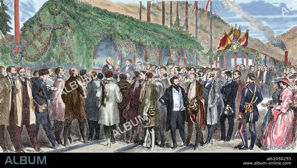 HISTORIA DE LOS TRANSPORTES. SIGLO XIX. SUIZA. "INAUGURACION DEL FERROCARRIL DE MOUCHARD. ALMUERZO OFRECIDO A LOS INVITADOS DE LAS VIDRIERAS SUIZAS". Grabado coloreado de "l'Univers Illustre", año 1863.