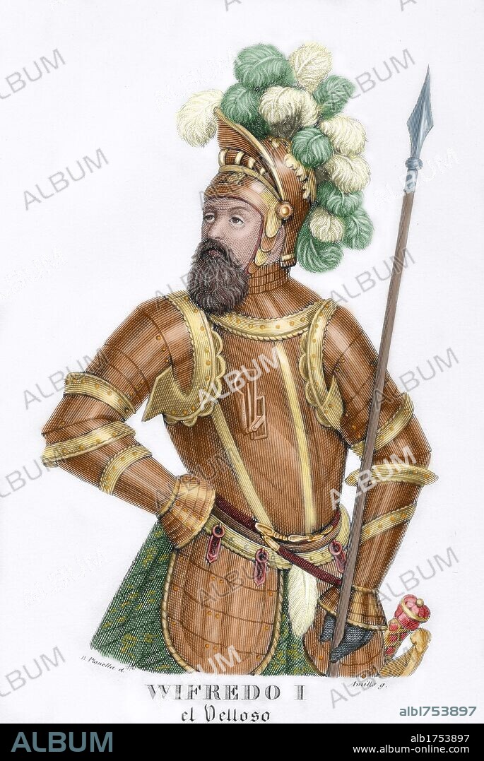 WIFREDO I el Velloso (840-897). Primer Conde Soberano de Barcelona (878-897). Con él se inicio la fundación del linaje de los Condes de Barcelona. Hijo de Sunifred I de Urgell y Ermesenda. Grabado coloreado de la obra "LOS CONDES DE BARCELONA VINDICADOS" escrita por Prospero BOFARULL I MASCARO (1777-1859), erudito e historiador catalán.
