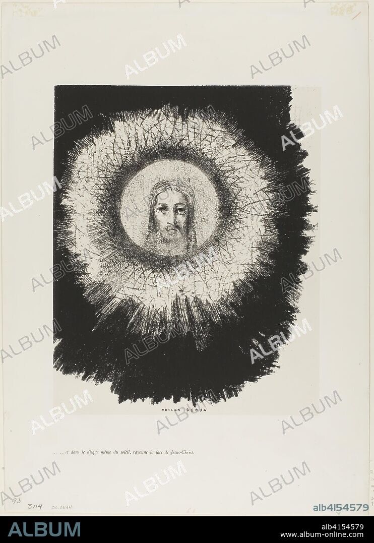 And in the Very Disk of the Sun Lights the Face of Jesus Christ, plate 10 from The Temptation of Saint Anthony (1st series). Odilon Redon; French, 1840-1916. Date: 1888. Dimensions: 285 × 230 mm (chine); 443 × 316 mm (sheet). Lithograph in black on ivory China paper, laid down on ivory wove paper (chine collé). Origin: France.