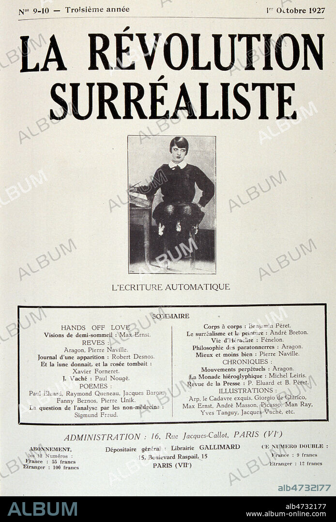 'N°9-10- 1er octobre 1927- l'Ecriture Automatique sommaire, avec un article de Sigmund FREUD (1856-1939)' extrait de 'La Revolution surrealiste' (XXeme s., 20eme s., 20e s.) Credit Jean Vigne/KHARBINE-TAPABOR.