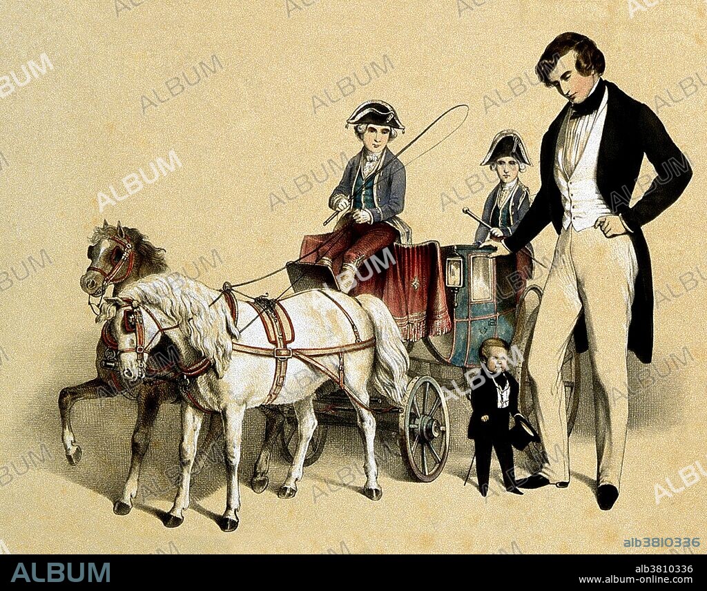 General Tom Thumb standing by his carriage. Charles Sherwood Stratton (January 4, 1838 - July 15, 1883), "General Tom Thumb", was an American dwarf performer. P.T. Barnum, a distant relative (half fifth cousin, twice removed), heard about Stratton and after contacting his parents, taught the boy how to sing, dance, mime, and impersonate famous people. Barnum took young Stratton on a tour of Europe, making him an international celebrity. His marriage with a little person, Lavinia Warren (October 31, 1842 - November 25, 1919), became front-page news. The wedding took place at Grace Episcopal Church and the wedding reception was held at the Metropolitan Hotel. The best man at the wedding was Commodore Nutt, another dwarf performer in Barnum's employ. Following the wedding, the couple was received by President Lincoln at the White House. Under Barnum's management, Stratton became a wealthy man. He owned houses, a steam yacht, and he had a wardrobe of fine clothes. When Barnum got into financial difficulty, Stratton bailed him out. Later, they became business partners. Stratton died unexpectedly of a stroke in 1883, at the age of 45. Over 20,000 people attended the funeral. Warren died in 1919 at the age of 77 and is buried next to her first husband with a simple gravestone that reads: "His Wife.".