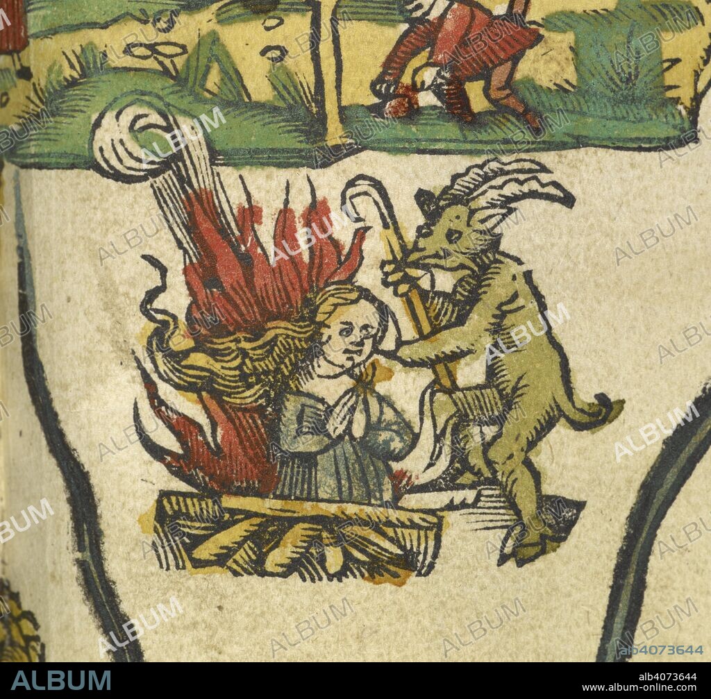 TOLOMEO. Ancient depiction of a suttee. A horned figure standing by a woman burning on a pyre. . Claudii Ptolemaei ... opus GeographieÌ¨ [translated by J. Angelius] ... [Strassburg] : Joannes Grieninger civis ArgentoratenÌƒ, 1522. Source: Maps.C.1.d.11.